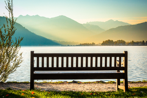 old park bench at a lake